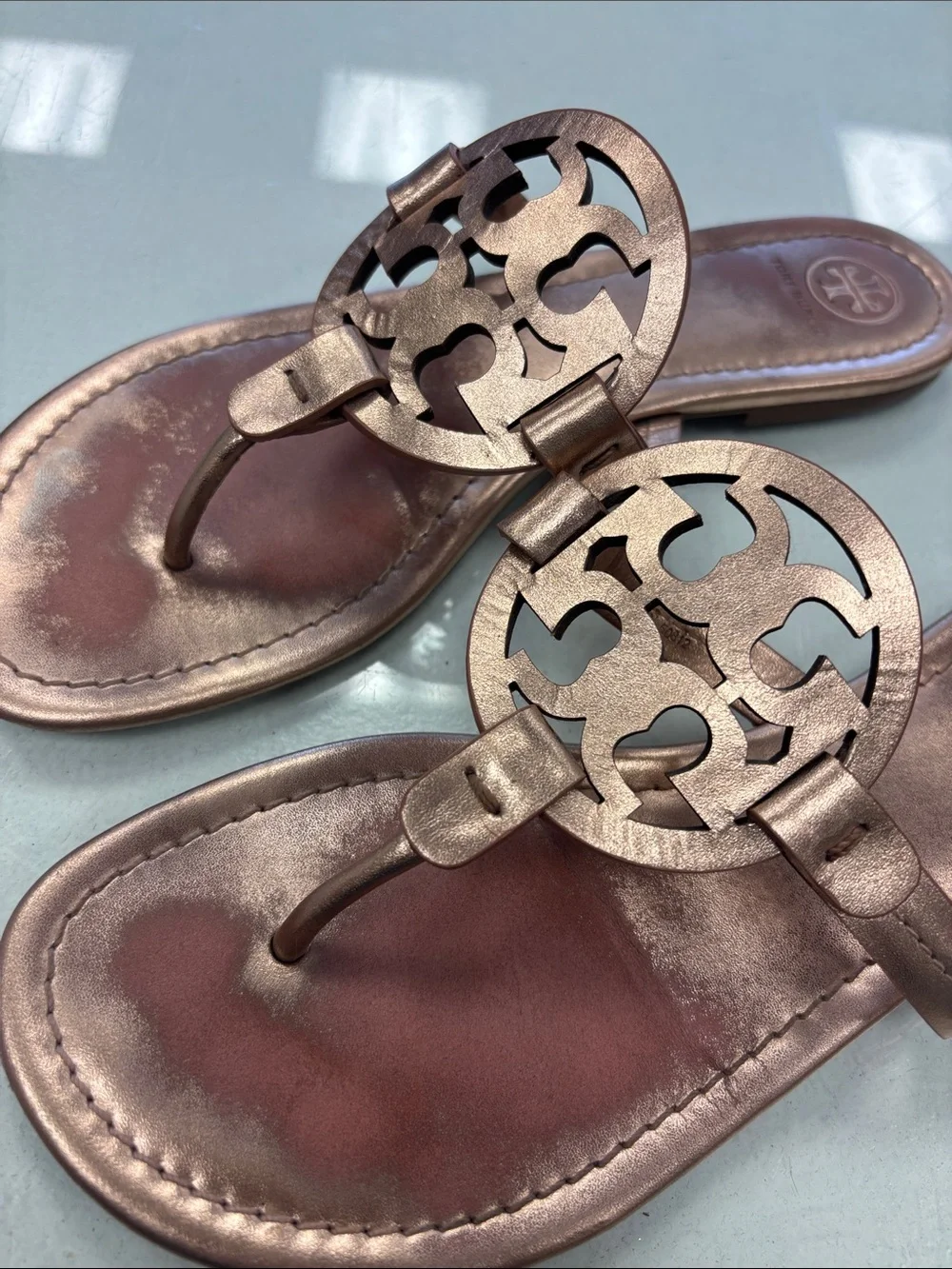 Tory Burch Rose Gold Leather Logo Sandals